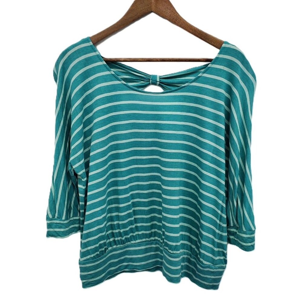 Lauren Conrad Green & White Striped 3/4 Sleeve Top With Cut Out Back Bow Detail